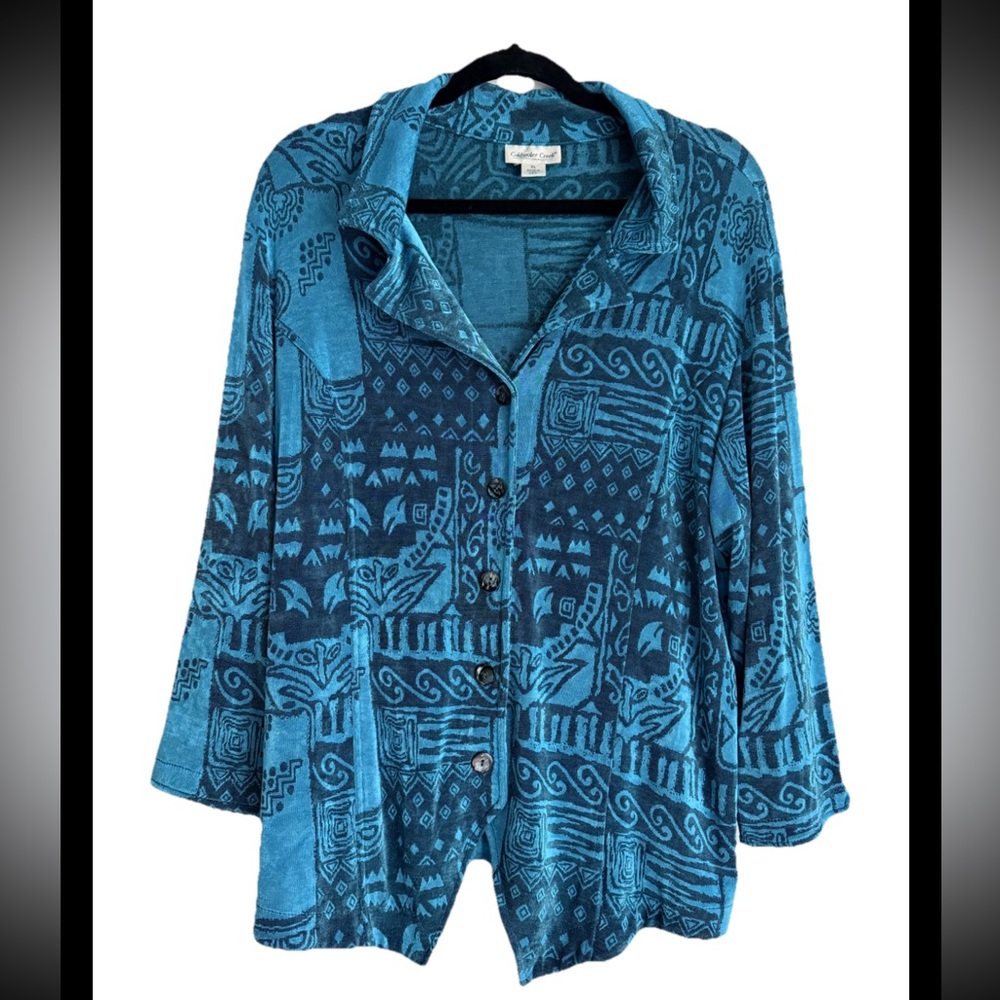 COLDWATER CREEK Turquoise Collared Patterned Button Up Jacket Sz  XL